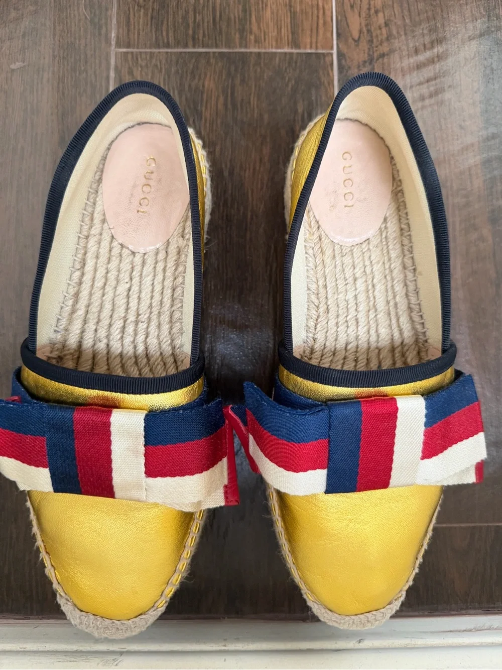 Gucci Yellow Metallic Espadrille Loafers with Red-Blue-White Ribbon